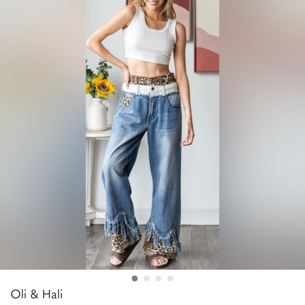 Oli & Hali Blue Straight Leg Jeans with Leopard Accents